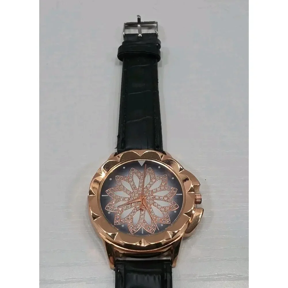 Rose Gold Star Pattern Womens Watch Black Faux Leather Band New Battery W332